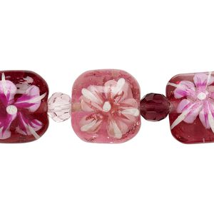 Bead, glass and lampworked glass, multicolored, 6mm faceted round and (9) 14x14mm double-sided puffed square with hand-painted flower design. Sold per 7-inch strand.