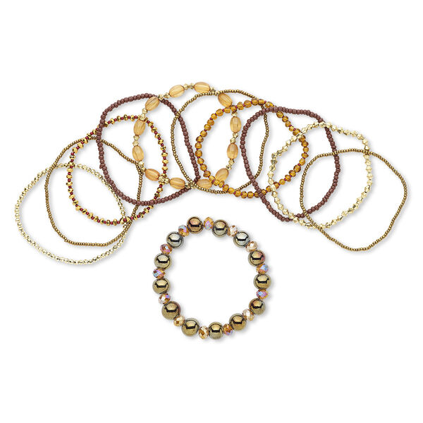 Bracelet, stretch, glass / painted wood / gold-coated plastic, brown, 1-10mm wide, 6-1/2 inches. Sold per 11-piece set. image number 0