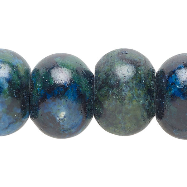 Bead, yellow "turquoise" (serpentine and quartz) (dyed / coated), blue, 19x13mm-21x15mm rondelle, C grade, Mohs hardness 2-1/2 to 6. Sold per 15" to 16" strand. image number 0