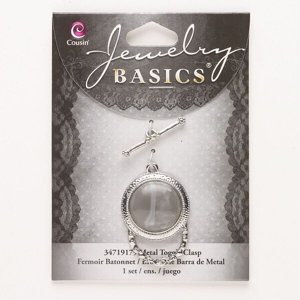 Clasp, toggle, brass and acrylic, pkg/1, 33x24mm round, silver finish and grey. image number 0