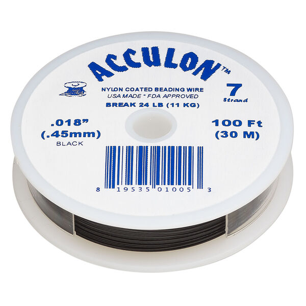 Beading wire, Acculon®, nylon-coated stainless steel, black, 7 strand, 0.018-inch diameter. Sold per 100-foot spool. image number 0