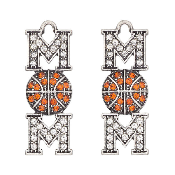 Focal, antique silver-finished "pewter" (zinc-based alloy) and glass, clear and orange, 32x12mm single-sided mom and basketball. Sold per pkg of 2. image number 0