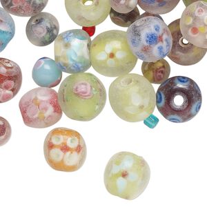 Bead mix, lampworked glass, opaque and translucent mixed colors, 7-12mm round. Sold per 4-ounce pkg, approximately 50 beads.