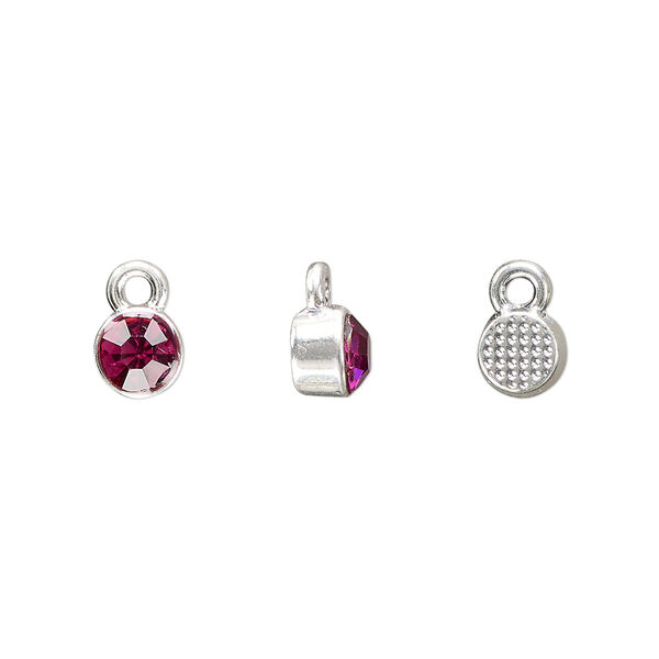 Drop, silver-finished "pewter" (zinc-based alloy) and glass rhinestone, rose, 6mm faceted round, October birthstone. Sold per pkg of 10. image number 0