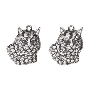 Charm, antique silver-finished "pewter" (zinc-based alloy) and glass, clear and black, 23x22mm single-sided bobcat head. Sold per pkg of 2.