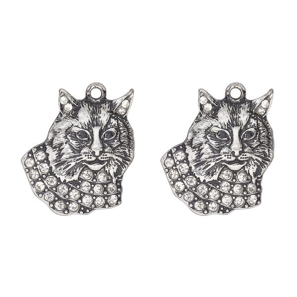 Charm, antique silver-finished "pewter" (zinc-based alloy) and glass, clear and black, 23x22mm single-sided bobcat head. Sold per pkg of 2. image number 0
