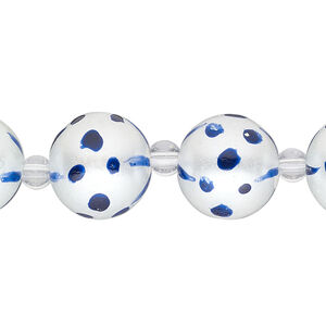 Bead, glass 1pkg8, opaque dark blue and white, 14mm hand-painted round.