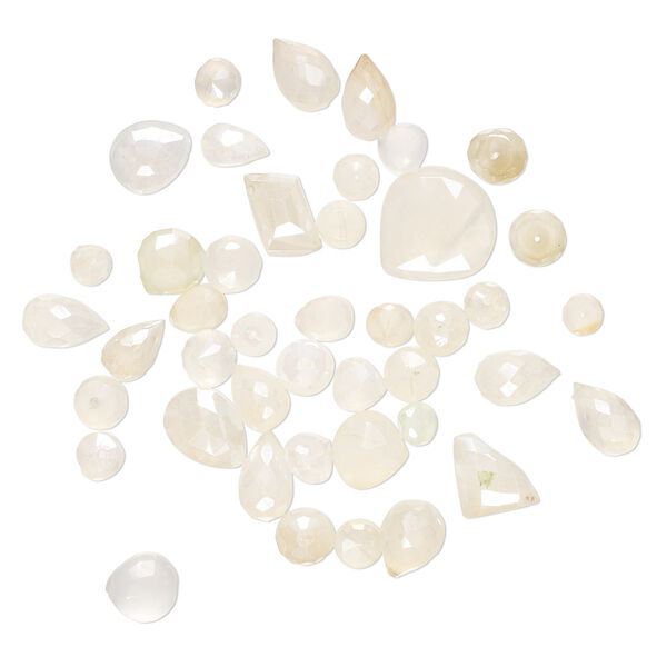 Bead mix, yellow chalcedony (dyed / coated), pale, 5x3mm-15mm hand-cut top- and center-drilled mixed shapes with 0.4-1.4mm hole, C+ grade, Mohs hardness 6-1/2 to 7. Sold per 1-ounce pkg, approximately 60-70 beads. image number 0