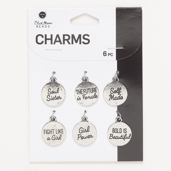 Drop assortment, antique silver-finished "pewter" (zinc-based alloy), 15mm single-sided round, girl power theme. Sold per pkg of 6. image number 0