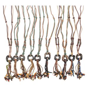 Necklace mix, bone / leather / wood / hemp (dyed), mixed colors, 5-inch dangle with mixed shape pendant and accent beads, 28 inches hemp cord with bone and cord button-style clasp. Sold per pkg of 10.