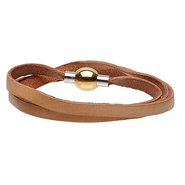 Bracelet, wrap, leather (dyed) / stainless steel / gold-finished stainless steel, natural, 5mm wide, 6-1/2 inches with magnetic clasp. Sold individually. image number 0