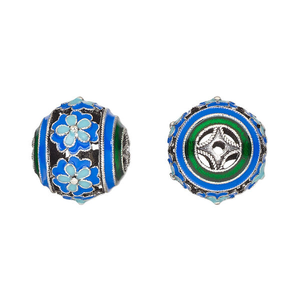 Bead, antique silver-finished brass and enamel, blue / green / dark blue, 20mm round with cutout flower and 2-2.5mm hole. Sold individually. image number 0