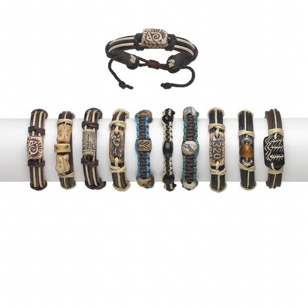 Bracelet mix, leather (dyed) / ceramic / waxed cotton cord, mixed colors, 16-21mm wide, adjustable from 5-1/2 to 8-1/2 inches with knot closure. Sold per pkg of 10. image number 0