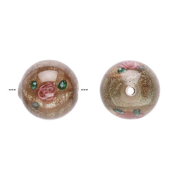 Bead, Czech lampworked glass, opaque brown / pink / green, 12-13mm round with flower design. Sold per pkg of 4. image number 0