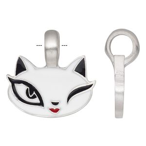 Pendant, enamel and antiqued pewter (tin-based alloy), black / red / white, 27mm single-sided cat face. Sold individually.