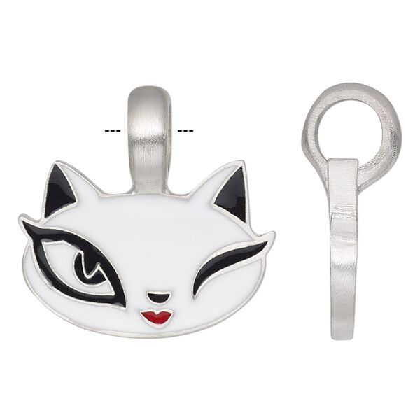 Pendant, enamel and antiqued pewter (tin-based alloy), black / red / white, 27mm single-sided cat face. Sold individually. image number 0