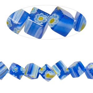 Bead, millefiori glass, translucent blue and multicolored, 8x5-9x7mm diagonally-drilled with flower and stripe design. Sold per 16-inch strand.