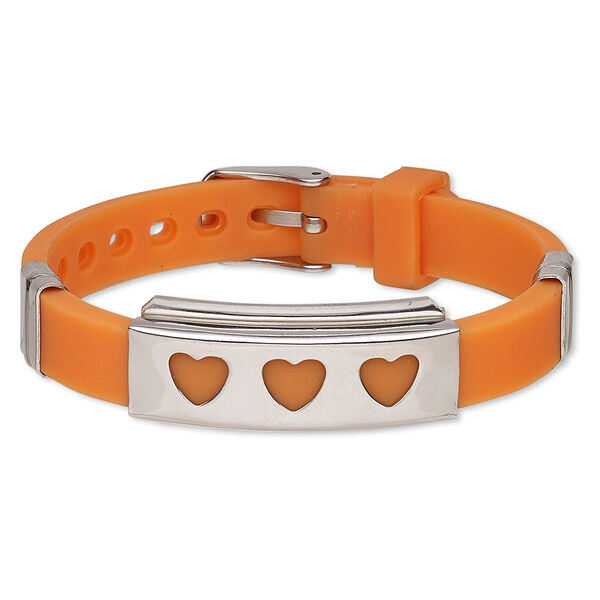Bracelet, Softique™, silicone and stainless steel, orange, 16mm wide with 39x16mm rectangle and cutout hearts, adjustable from 5-1/2 to 7-1/2 inches with buckle-style closure. Sold individually. image number 0