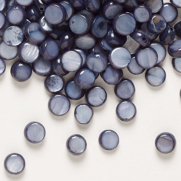 Bead mother-of-pearl shell 1pk, 5-6mm flat round dyed blue steel image number 0