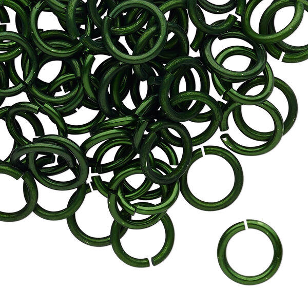 Jump ring, anodized tempered aluminum, dark green, 10mm round, 7.2mm inside diameter, 15 gauge. Sold per pkg of 100. image number 0
