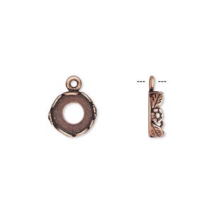 Drop, JBB Findings, antique copper-plated brass, 9.5mm round with open back and flower and leaf design trim, 8mm round bezel setting. Sold per pkg of 2.