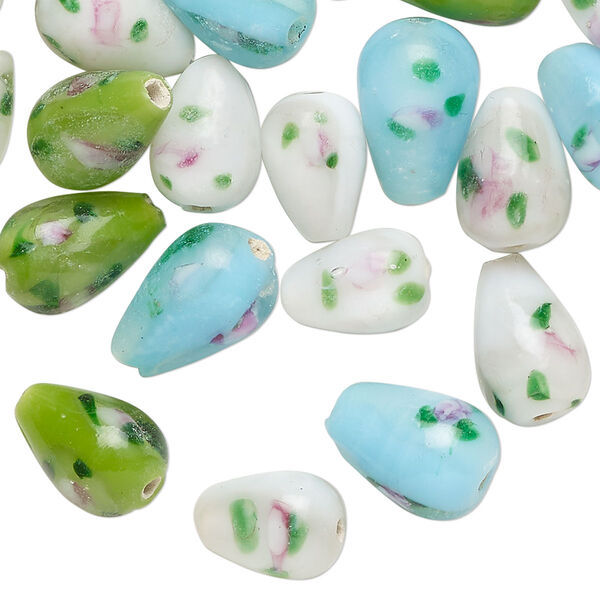 Bead mix, glass, translucent light blue, white and green, 11x8-14x9mm teardrop with flower design. Sold per 1-ounce pkg, approximately 30 beads. image number 0