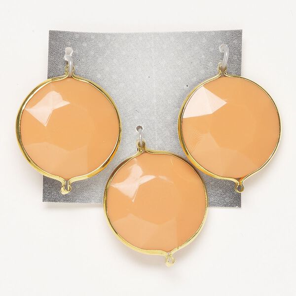 Link, glass and gold-finished "pewter" (zinc-based alloy), opaque peach, 25mm double-sided faceted round. Sold per pkg of 3. image number 0
