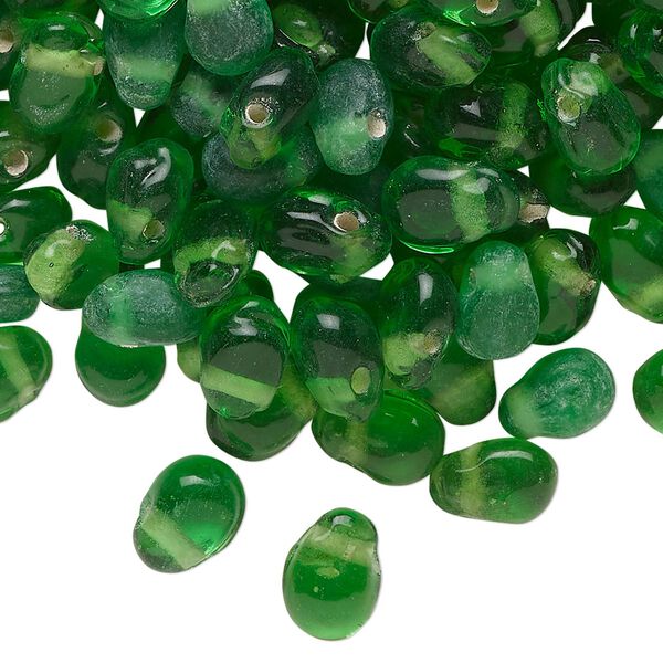 Bead, lampworked glass, translucent green, 8x6mm top-drilled puffed teardrop. Sold per 2-ounce pkg, approximately 170 beads. image number 0