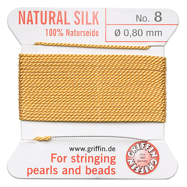 Thread, Griffin, silk, amber yellow, size #8. Sold per 2-meter card (approximately 78 inches). image number 0