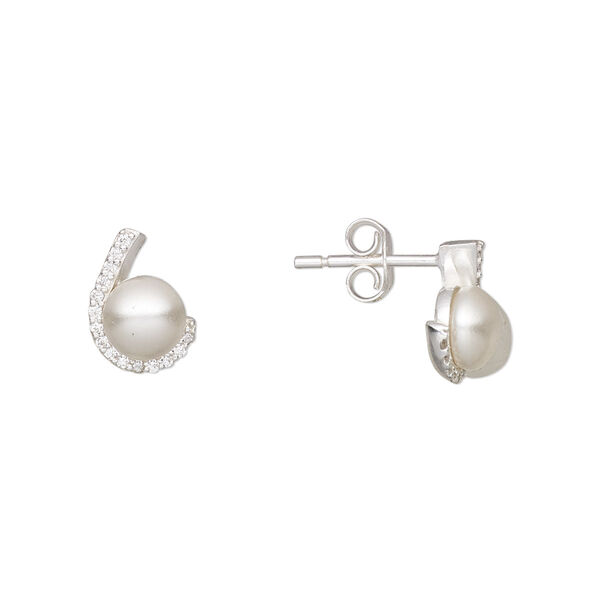 Earstud, Create Compliments®, cultured freshwater pearl (dyed) / cubic zirconia / rhodium-plated sterling silver, silver and clear, 11x8mm. Sold per pair. image number 0