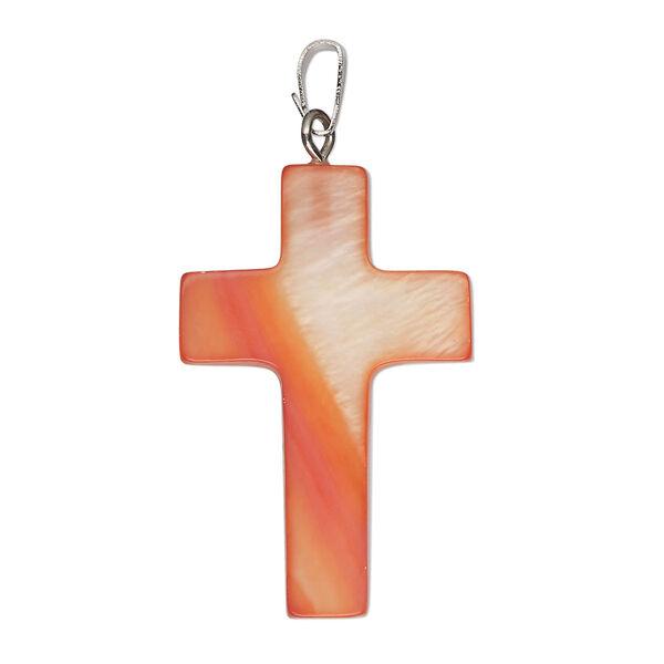 Pendant, antique silver-finished "pewter" (zinc-based alloy) / steel / mother-of-pearl shell (dyed), salmon, 30x20mm single-sided cross. Sold individually. image number 0