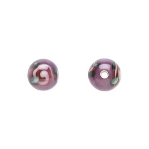 Bead, Czech lampworked glass, opaque purple / pink / green, 8-9mm round with flower design. Sold per pkg of 6.