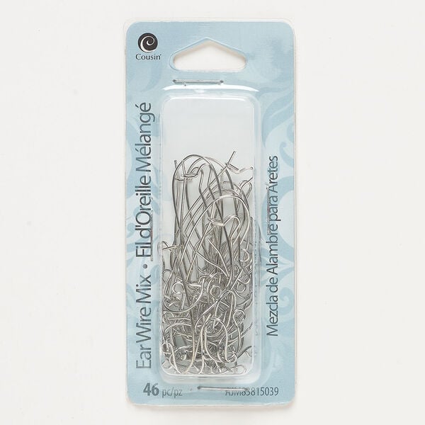 Ear wire assortment 1pkg46, 14mm fishhook / 34mm kidney, 21 gauge silver-finished steel 23 pair image number 0