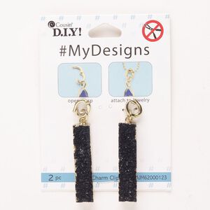 Focal, steel / brass / druzy agate (dyed), pkg/2, gold finish and black, 41x9mm-42x10mm rectangle with snap lock bail.