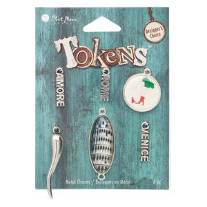 Focal and drop mix, resin and antique silver-finished "pewter" (zinc-based alloy), assorted Italy designs. Sold per pkg of 6 pieces.