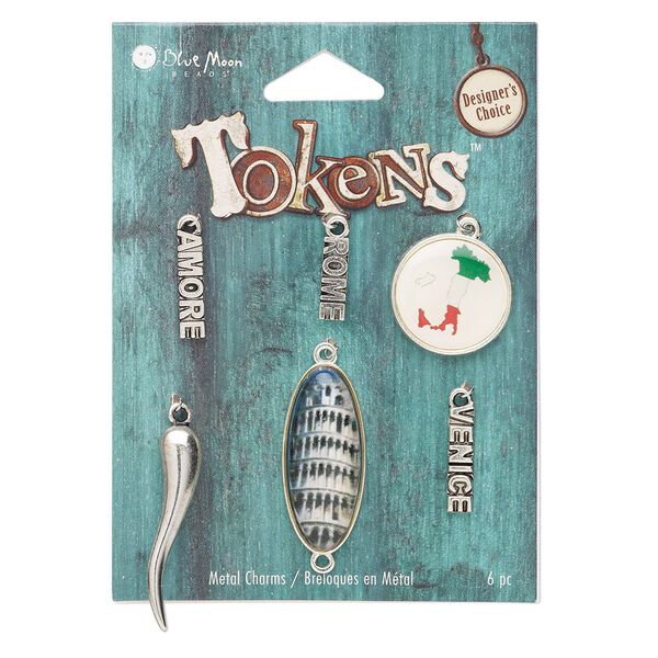 Focal and drop mix, resin and antique silver-finished "pewter" (zinc-based alloy), assorted Italy designs. Sold per pkg of 6 pieces. image number 0