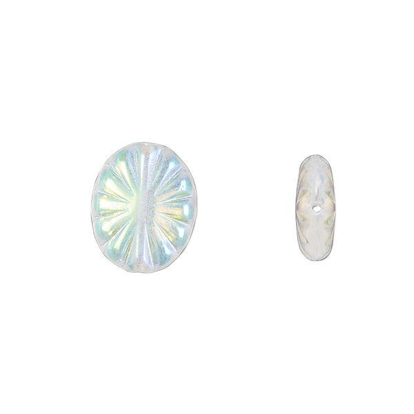 Bead, Preciosa, Czech pressed glass, AB, translucent clear, 14x11mm fluted flat oval. Sold per pkg of 10. image number 0