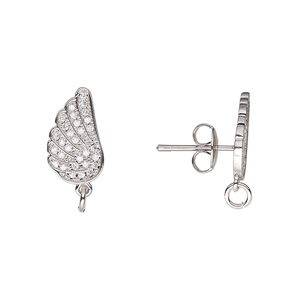 Earstud 1pkg2 imitation rhodium-plated / cubic zirconia, 16x8mm wing / 4mm 21 gauge open jump ring / earnuts, brass clear 1 pair