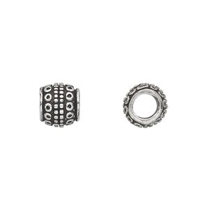 Bead, antique silver-plated white brass, 9x8mm beaded barrel with dots and circles, 5mm hole. Sold per pkg of 4.