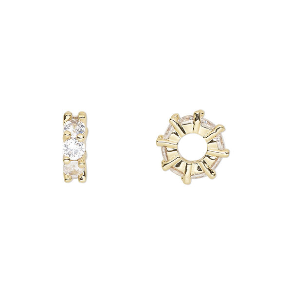 Bead, cubic zirconia and gold-plated brass, clear, 10.5x3.5mm rondelle. Sold per pkg of 2. image number 0