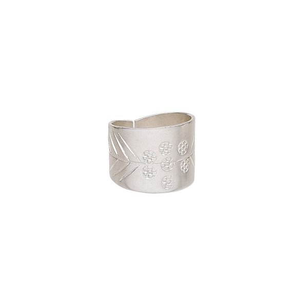 Ring, Hill Tribes, silver-plated copper, 16mm wide with flower and feather design, size 7-1/2. Sold individually. image number 0