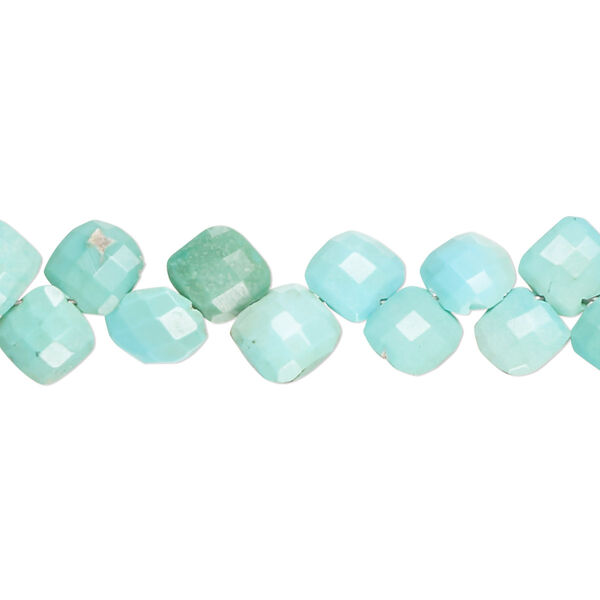 Bead, turquoise (dyed / stabilized), blue-green, 6-8mm hand-cut top-drilled checkerboard-faceted puffed diamond, B grade, Mohs hardness 5 to 6. Sold per 8-inch strand, approximately 50 beads. image number 0