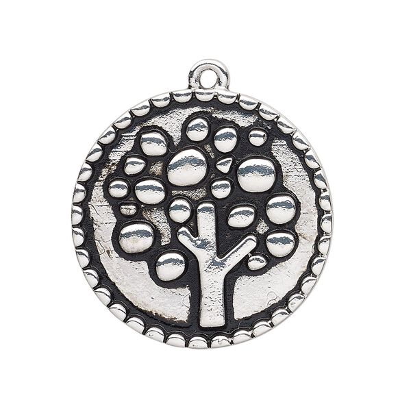 Focal, antique silver-finished "pewter" (zinc-based alloy), 30mm single-sided round with tree design. Sold per pkg of 2. image number 0