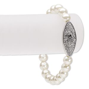 Bracelet, stretch, acrylic / Czech glass rhinestone / antique silver-plated "pewter" (zinc-based alloy), white / clear / black, 13mm wide with 30x13mm marquise and Fatima hand, 6-1/2 inches. Sold individually.
