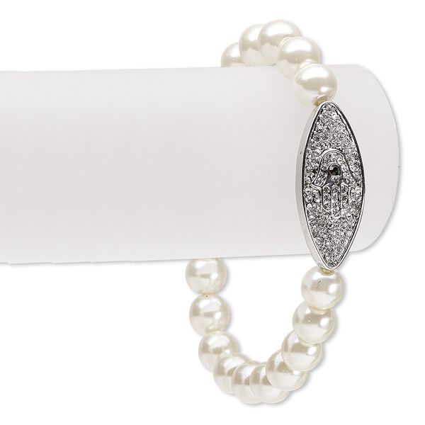 Bracelet, stretch, acrylic / Czech glass rhinestone / antique silver-plated "pewter" (zinc-based alloy), white / clear / black, 13mm wide with 30x13mm marquise and Fatima hand, 6-1/2 inches. Sold individually. image number 0