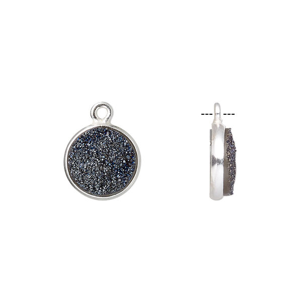 Drop, titanium- / electro-coated druzy agate (coated) / sterling silver, cobalt, 11mm hand-cut single-sided flat round. Sold individually. image number 0