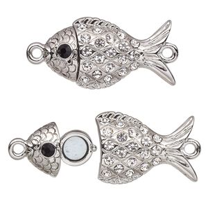 Clasp magnetic 1pkg1 silver-plated "pewter" (zinc alloy), 32x18mm 3D fish, black / clear rhinestone 1-strand