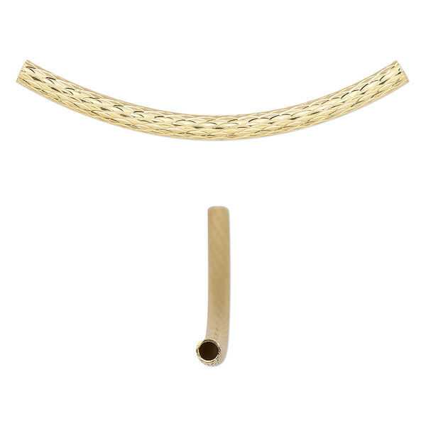 Bead, gold-plated brass, 46x10mm diamond-cut curved tube. Sold per pkg of 2. image number 0