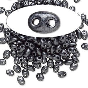 Seed bead, Preciosa Twin™ Czech glass, pkg/10g, 5x2.5mm oval, opaque grey terra pearl black, (28949).