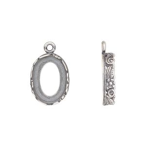 Drop, JBB Findings, antique silver-plated brass, 16x12mm oval with open back and flower and leaf design trim, 14x10mm oval bezel setting. Sold per pkg of 2.